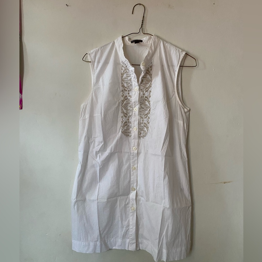 White Sleeveless Button-Up Blouse with Sequin Detail